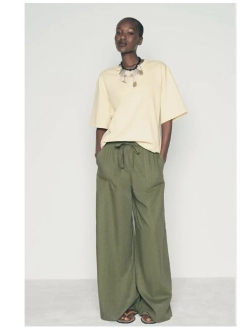 Zara Wide Leg Flowy Trousers - Sage Green - Size Large